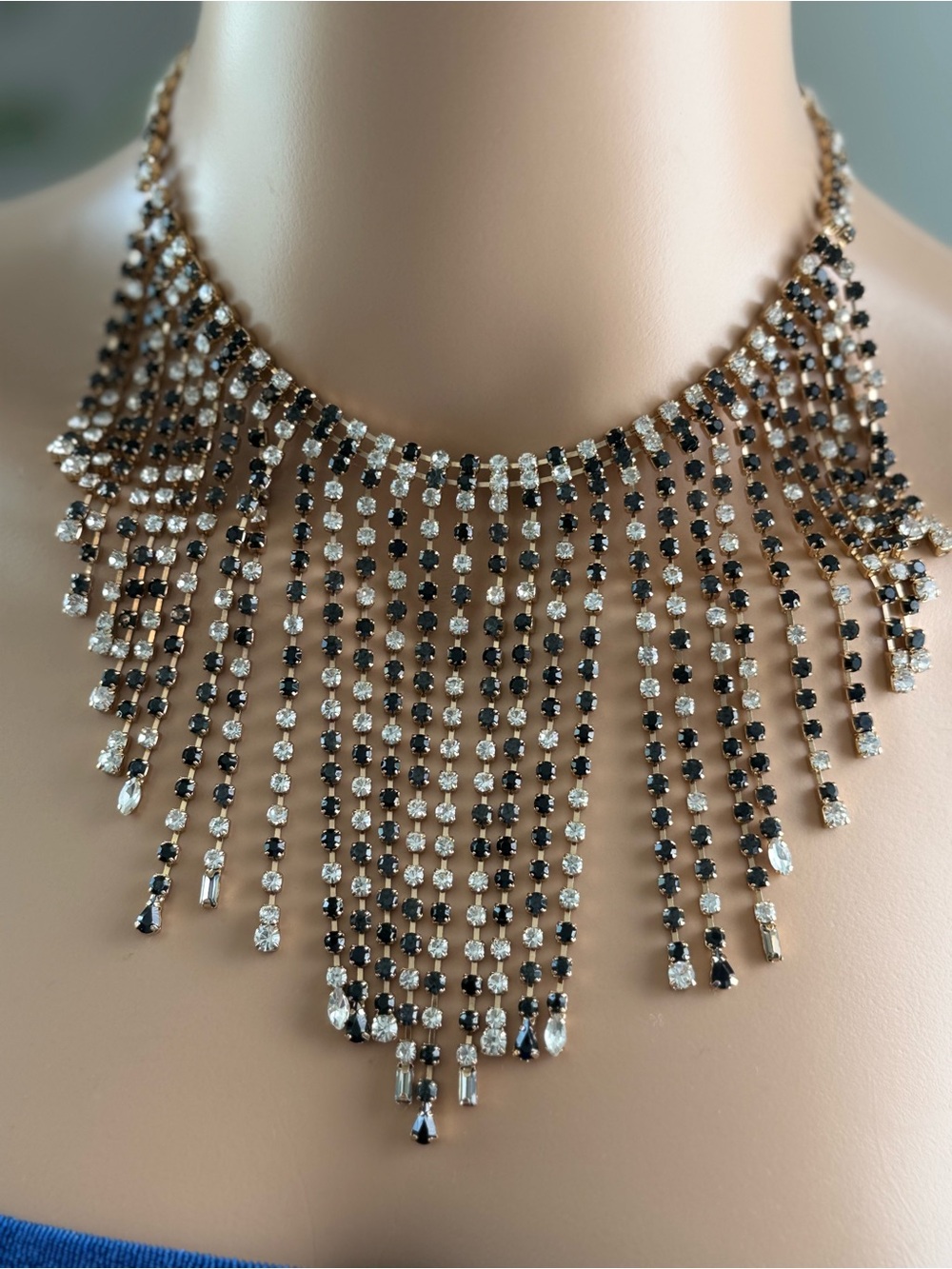 Elegant Black and Crystal Fringe Statement Necklace